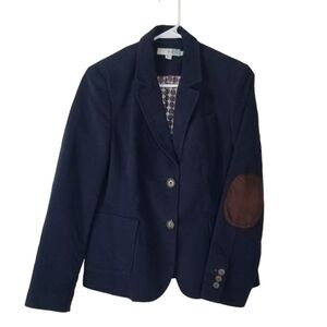 Boden Navy Cotton Blazer Brown Suede Elbow Patches Size 6 Academia Preppy